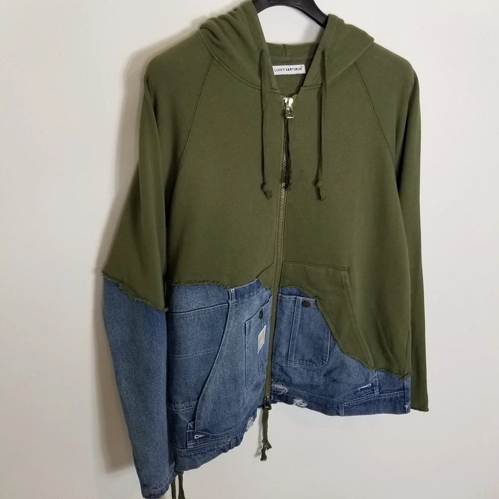 Lucky Sartorius Men Green Denim Patchwork Full Zip Hooded Jacket Sz XL‎ Pockets